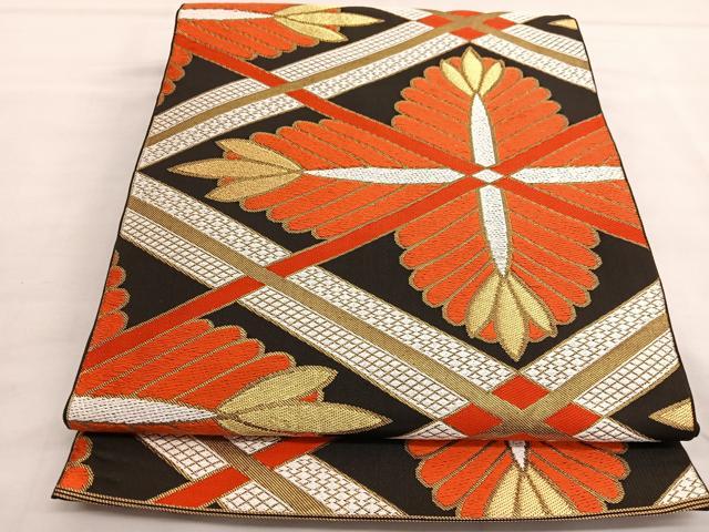 平和屋着物■西陣　川島織物　六通柄　本袋帯　唐織　若松葉菱文　黒地　金糸　正絹　逸品　BAAT6815hv