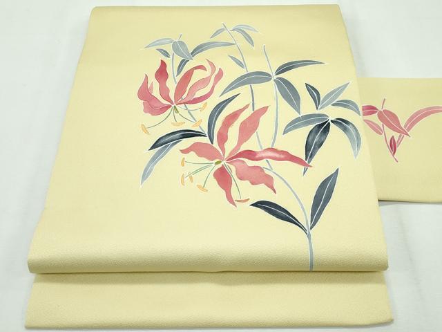 平和屋本店■極上　京友禅作家　黒島敏　九寸名古屋帯　草花文　金彩　淡黄色地　逸品　未使用　CZAA2628s5