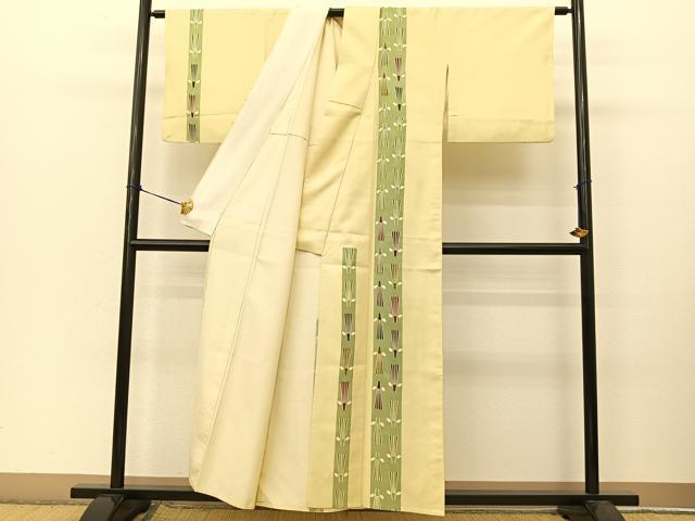 平和屋着物▽訪問着　単衣　作家物　紬地　葉扇文　正絹　逸品　BAAT9039yc_1