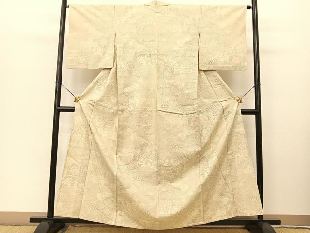 平和屋着物▽上質な紬 単衣 流水風景花文 正絹 逸品 BAAT9052yc