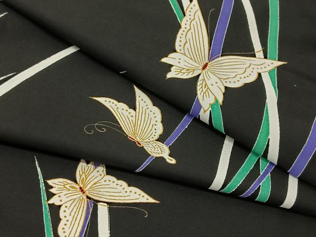 平和屋着物▽小紋　単衣　舞蝶芝草文　黒地　洗える着物　BAAT9097yc