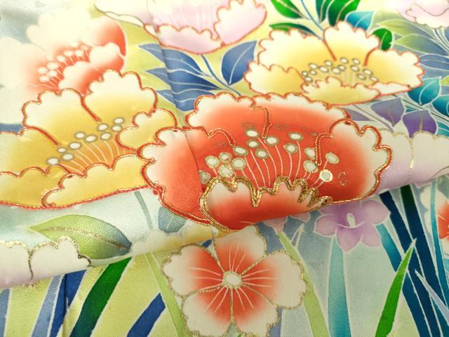 平和屋着物●豪華振袖　駒刺繍　草花文　暈し染め　金彩　正絹　逸品　DAAS3676ps 平和屋着物○豪華振袖 駒刺繍 草花文 暈し染め 金彩 正絹 逸品