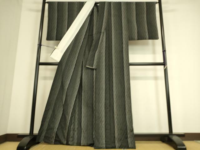 平和屋着物▽上質な紬 単衣 よろけ縞 黒地 正絹 逸品 DAAS0778az