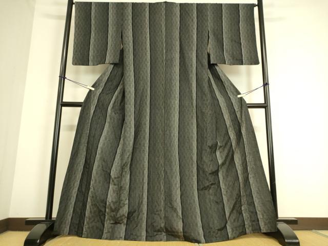 平和屋着物▽上質な紬　単衣　よろけ縞　黒地　正絹　逸品　DAAS0778az