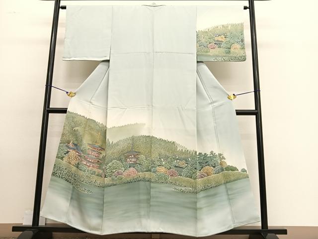 平和屋着物●訪問着　駒刺繍　風景文　暈し染め　金糸　正絹　逸品　BAAT7237hv