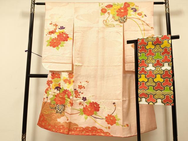 平和屋着物[]七五三 女の子 7歳 祝着 四つ身 袋帯セット 駒刺繍 花車文
