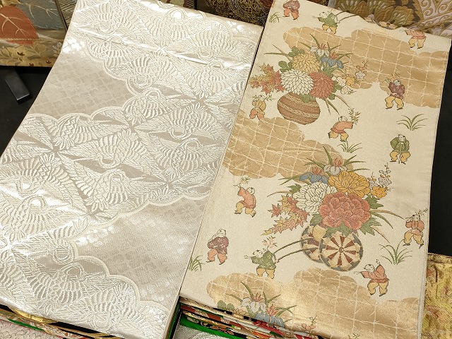 平和屋本店■袋帯 西陣 まとめて100点 向かい鶴 人物 向かい蝶 更紗 花柄 宝相華 佐竹孝機業店 佐賀錦 未使用品あり 全て正絹 se3290