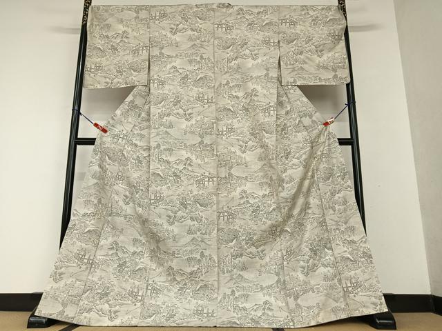 平和屋着物●本場大島紬　白大島　7マルキ　舞葉人物風景文　正絹　逸品　CAAW7304yc 平和屋着物○本場大島紬 白大島 7マルキ 舞葉人物風景文 正絹