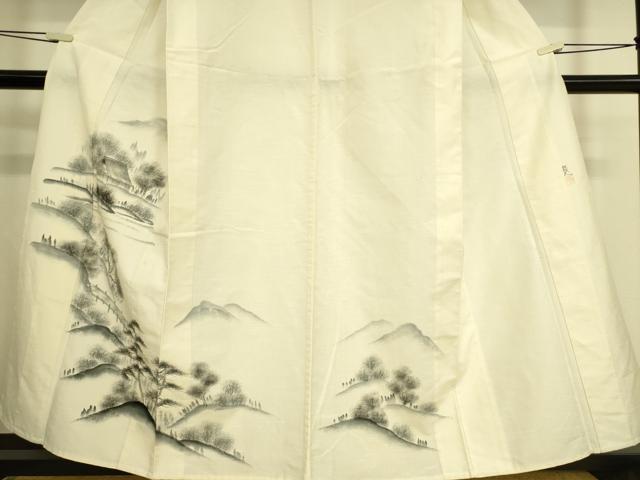 平和屋着物▽訪問着　単衣　紬地　作家物　風景渡橋山文　手描き　正絹　逸品　DAAT9135az 平和屋着物▽訪問着 単衣 紬地 作家物 風景渡橋山文