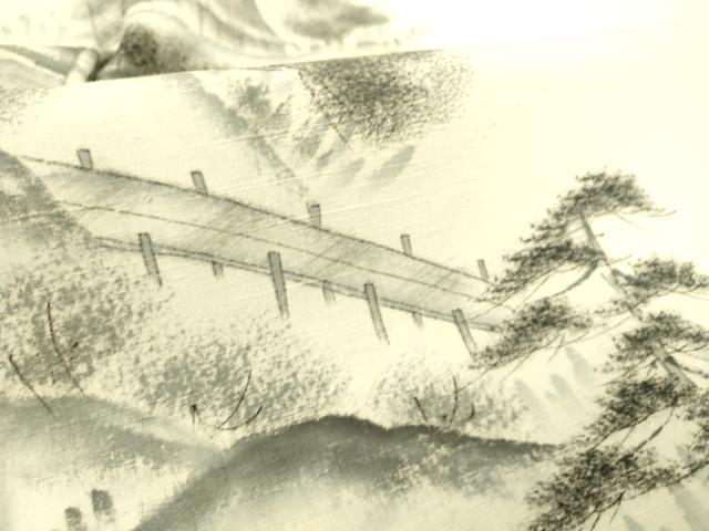 平和屋着物▽訪問着 単衣 紬地 作家物 風景渡橋山文