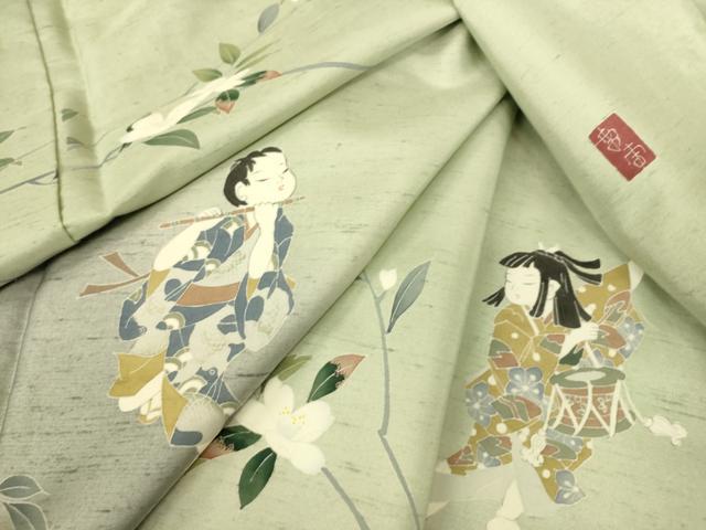 平和屋着物▽十日町友禅作家　越村幸雪　訪問着　単衣　紬地　童子遊び花文　正絹　逸品　DAAT9136az