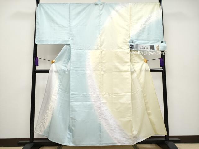 平和屋本店■希少 男性 夏物 十日町 名門青柳 櫛引織 赤城紬 草木染 キングサイズ 訪問着 山梔子藍色染 やまと誂製 証紙付 逸品 CYAA2613s5