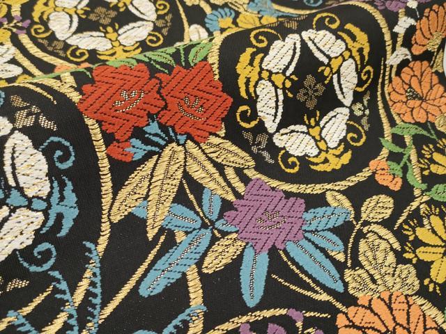 限定大幅値下げ！西陣織六通柄袋帯　黒地　人気のきんぎょ　金魚『綿芯お仕立て付』 新品未仕立 西陣織六通柄丸巻袋帯 金魚