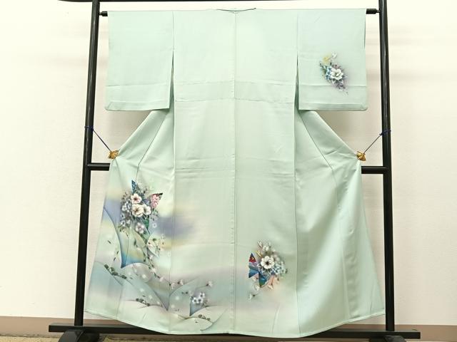 平和屋着物●訪問着　単衣　手描き　花蝶文　銀彩　正絹　逸品　BAAT9142yc