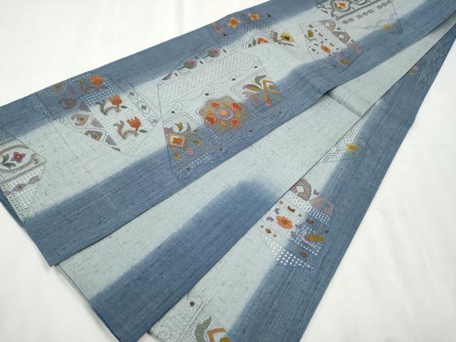 洒落袋帯　染めとスワトウ刺繍　唐花　藍色系　牛首紬台　正絹 平和屋着物□訪問着 中国三大刺繍 汕頭刺繍 スワトウ刺繍 蘇州刺繍