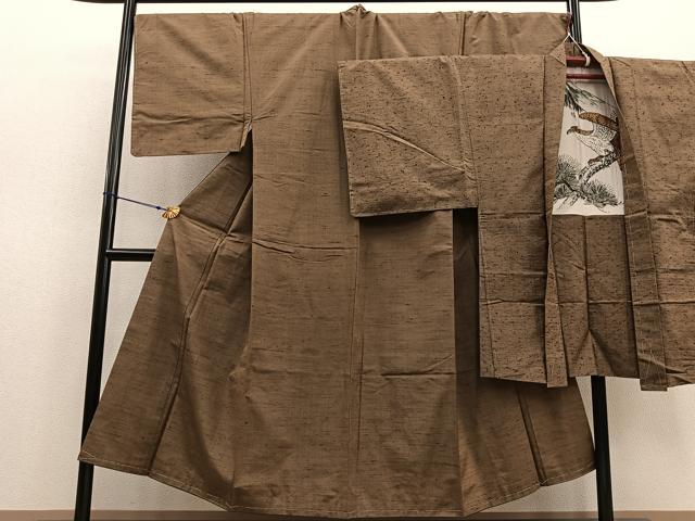 平和屋着物●男性　紬　髭紬羽織セット　霞文　羽裏：鷹　長羽織　正絹　逸品　未使用　BAAU4665gt