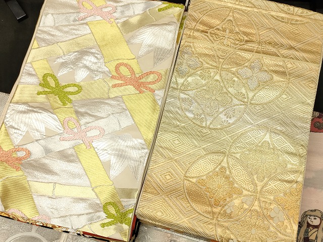 ☆ 袋帯 西陣 聚楽 玉蟲貴人 美しい華柄模様 斜め格子柄 象牙色 O-4751 ☆ 袋帯 西陣 聚楽 玉蟲貴人 美しい華柄模様 斜め格子柄 象牙色 O-