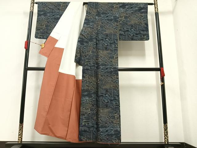 平和屋着物▽真綿結城紬 単衣 風景文 反端付き 正絹 逸品 未