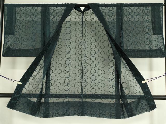 平和屋着物▽長羽織　オーガンジー　スリーシーズン　春夏秋　塵除け　丸文　紺色　正絹　逸品　DAAV5060az 平和屋着物▽長羽織 オーガンジー スリーシーズン 春夏秋 塵除け 丸文 紺色