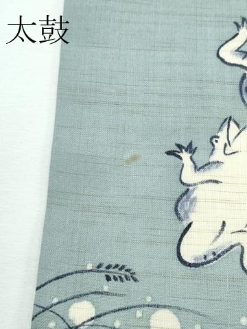 平和屋着物■極上　夏物　九寸名古屋帯　藍　手描き　鳥獣戯画　深川鼠色地　麻　逸品　CZAA3062s5_6