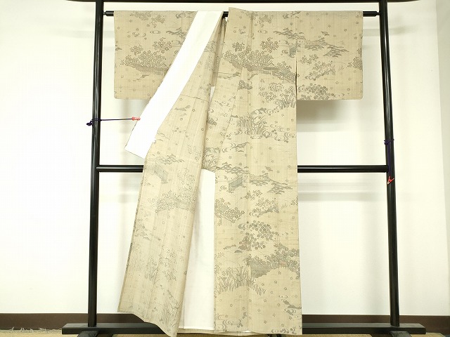 平和屋着物▽染織の名門 しょうざん 訪問着 生紬 単衣 風景花