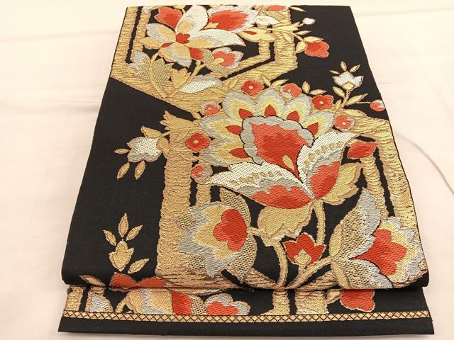 平和屋着物◎西陣 六通柄袋帯 唐織 正倉院花文 金糸 証紙付き 正絹