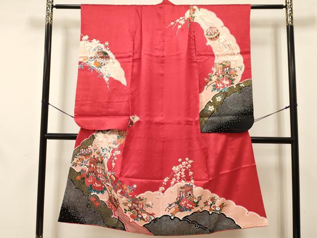 □七五三 七歳 女児 着物&袋帯 扇 蝶 金彩□状態良好 506ag29 408ag43