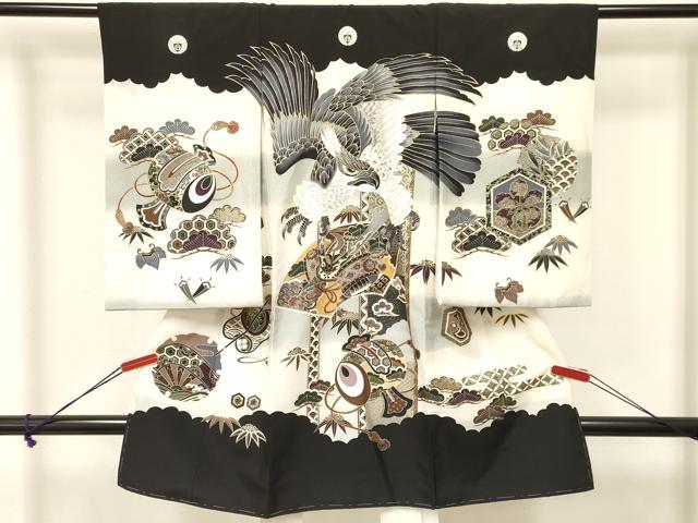 平和屋着物[]お宮参り　男の子　祝着　産着　初着　のしめ　鷹　鷲　兜　地紙松文　暈し染め　金彩　逸品　DAAS9316ma