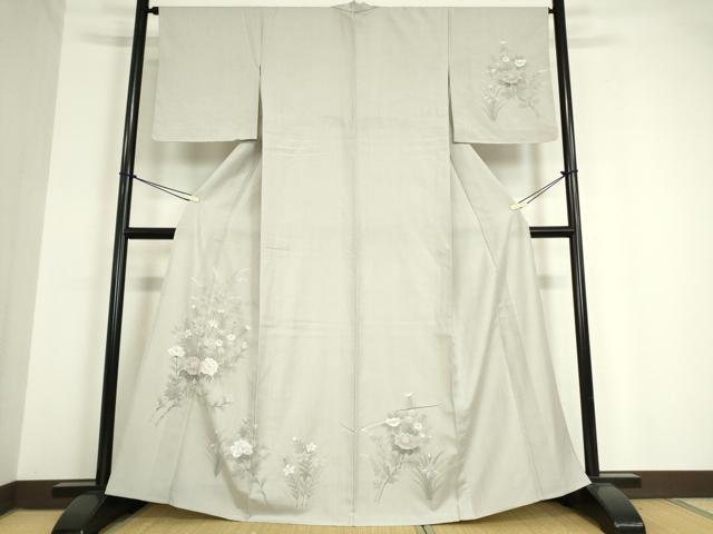 平和屋着物▽訪問着　紬地　単衣　草花文　手描き　正絹　逸品　未使用　DAAV5199az