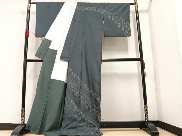 平和屋着物●訪問着　紬地　刺し子  刺繍　吉祥文　正絹　逸品　AAAZ1938ph 平和屋着物○訪問着 紬地 刺し子 刺繍 吉祥文 正絹 逸品 AAAZ1938ph