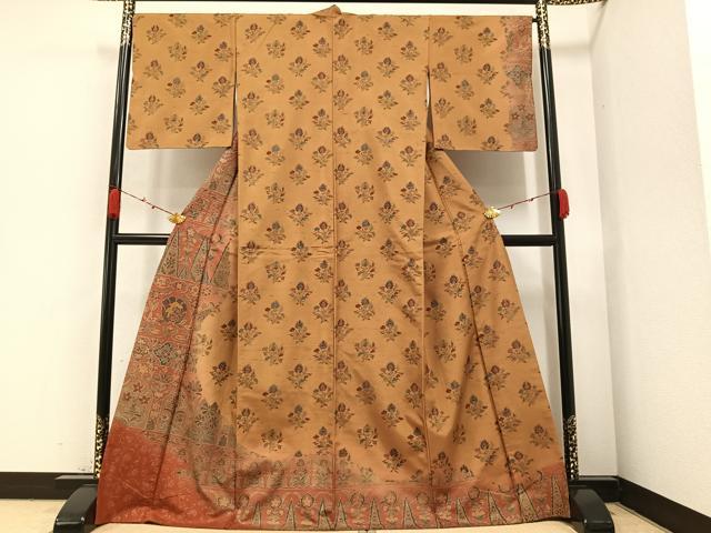 平和屋着物●訪問着　紬地　更紗草花文　暈し染め　正絹　逸品　AAAZ4512ph