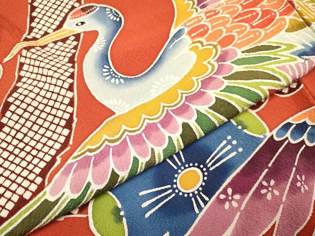 平和屋着物○豪華振袖 型染め 飛鶴枝梅文 金彩 鬼しぼ縮緬