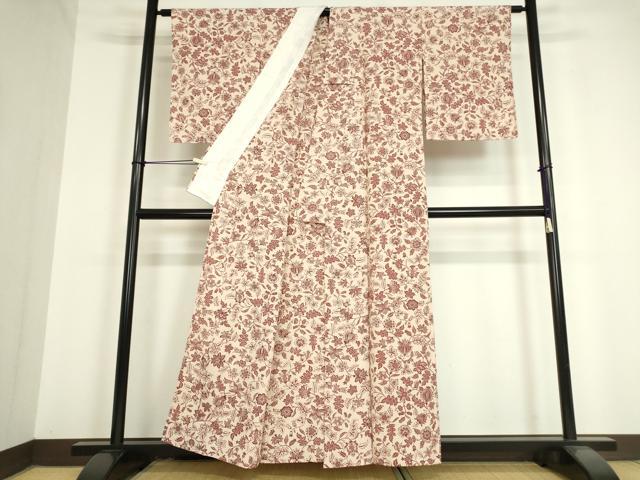 平和屋着物▽上質な小紋 単衣 型染め 更紗花文 正絹 逸品 DAAV5345az 小紋