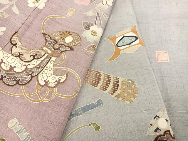 平和屋着物●訪問着　紬地　型染め　風景草花文　金彩　三越扱い　正絹　逸品　AAAZ7666ph 平和屋着物○訪問着 紬地 型染め 風景草花文 金彩 三越扱い