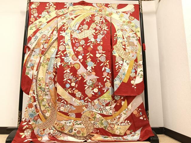 平和屋着物■豪華振袖　駒刺繍　地紙吉祥花文　暈し染め　金彩　逸品m068 平和屋着物○豪華振袖 駒刺繍 枝垂れ桜 地紙吉祥花文 暈し