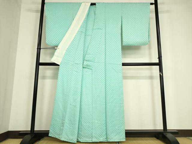 平和屋着物▽上質な色無地　単衣　市松地紋　青竹色　正絹　逸品　DAAV5395az 平和屋着物▽上質な色無地 単衣 市松地紋 青竹色 正絹 逸品 DAAV5395az