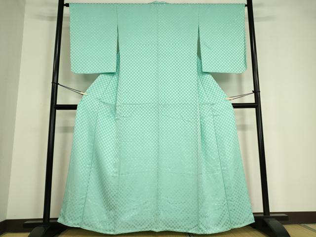 平和屋着物▽上質な色無地　単衣　市松地紋　青竹色　正絹　逸品　DAAV5395az 平和屋着物▽上質な色無地 単衣 市松地紋 青竹色 正絹 逸品 DAAV5395az