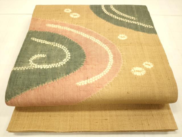 平和屋着物●太鼓柄袋帯　生紬　絞り　流水花文　正絹　逸品　DAAW4312cm