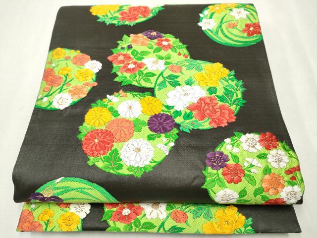 平和屋着物●六通柄袋帯　草花丸文　黒地　金糸　三越扱い　正絹　逸品　CAAX1487hy