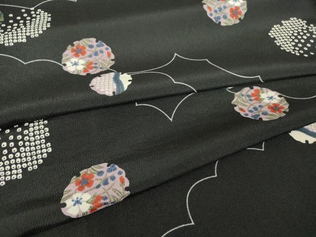 平和屋着物▽小紋　単衣　雲取り雪輪花文　黒地　洗える着物　DAAV5597az