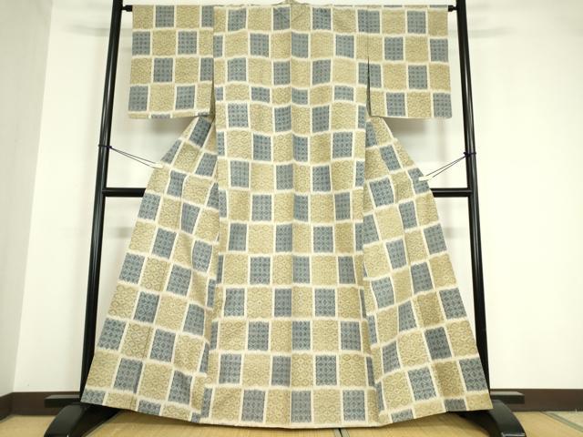 平和屋着物▽上質な紬　単衣　市松吉祥文　正絹　逸品　DAAV5662az_1