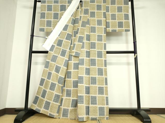 平和屋着物▽上質な紬　単衣　市松吉祥文　正絹　逸品　DAAV5662az_2