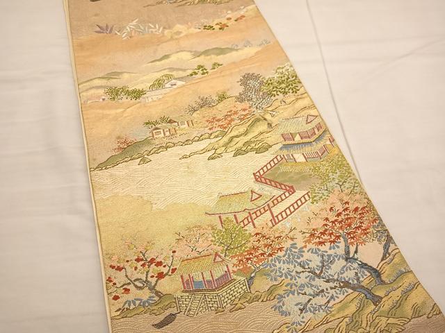 平和屋着物◎六通柄袋帯 唐織 風景文 金銀糸 正絹 逸品 BAAV1760hvの 平和屋着物◎六通柄袋帯 唐織 風景文 金銀糸 正絹 逸品 BAAV1760hvの