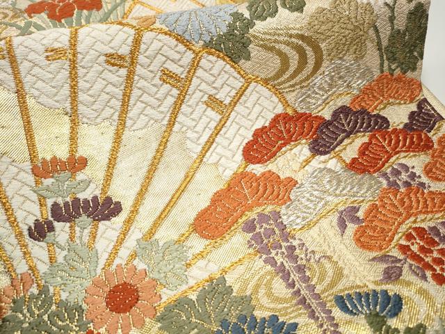 平和屋着物○佐賀錦 六通柄袋帯 唐織 扇草花文 金銀糸