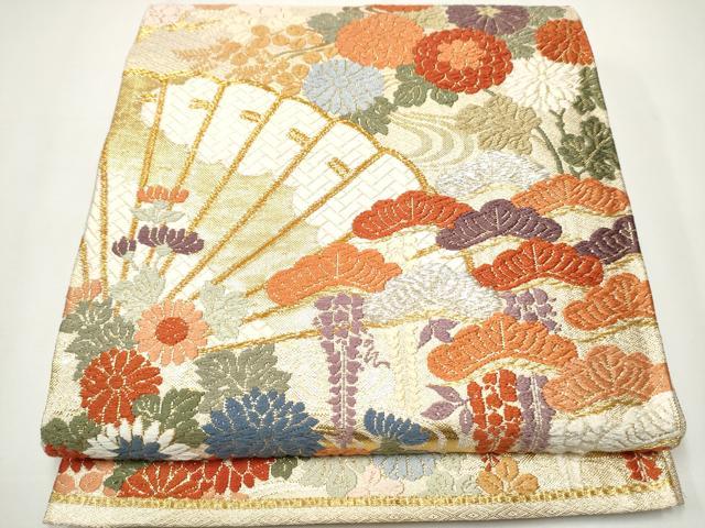 平和屋着物●佐賀錦　六通柄袋帯　唐織　扇草花文　金銀糸　正絹　逸品　CAAY2411hy
