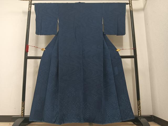 平和屋着物●本藍　訪問着　田中輝夫　麻の葉草花文　鬼しぼ縮緬　正絹　逸品　AABA8223ph