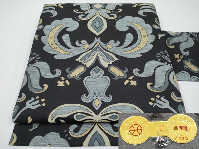 平和屋着物■極上　京都・西陣　織元ブランド　秦流舎　全通柄　九寸名古屋帯　花唐草文　黒地　証紙付き　逸品　CYAA3386s5