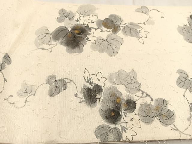 平和屋着物●六通柄袋帯　作家物　手描き　髭紬地　草花文　金彩　正絹　逸品　BAAU8820yc 平和屋着物○六通柄袋帯 作家物 手描き 髭紬地 草花文