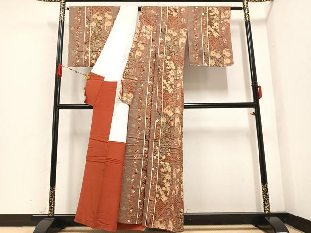 平和屋着物●上質な小紋　花蝶間道　金彩　正絹　逸品　未使用　AABB0368ph