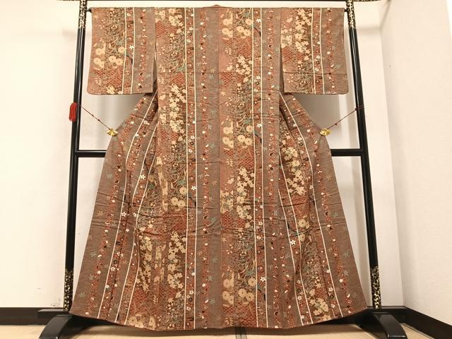 平和屋着物●上質な小紋　花蝶間道　金彩　正絹　逸品　未使用　AABB0368ph